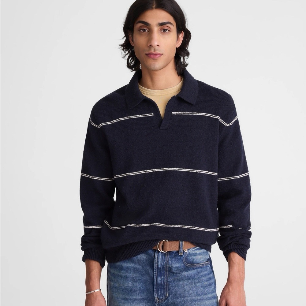 Madewell Johnny Collar Sweater Polo in Textured Cotton Dark Navy Blue M NWT
